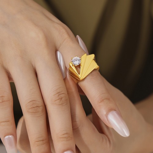 FXRT451 Irregular geometric zircon open ring copper plated real gold jewelry female