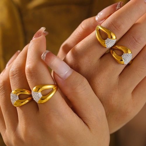 FXRT506 Irregular geometric diamond-studded open ring, 18k gold-plated jewelry