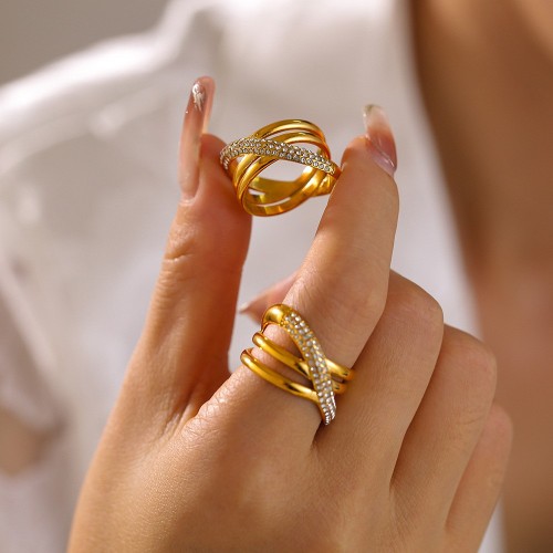 FXRT489 Cross winding diamond ring plated 18k real gold stainless steel ring