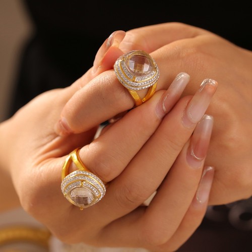 FXRT457 Geometric micro-inlaid zircon ring stainless steel plated 18k gold multi-layer diamond ring female