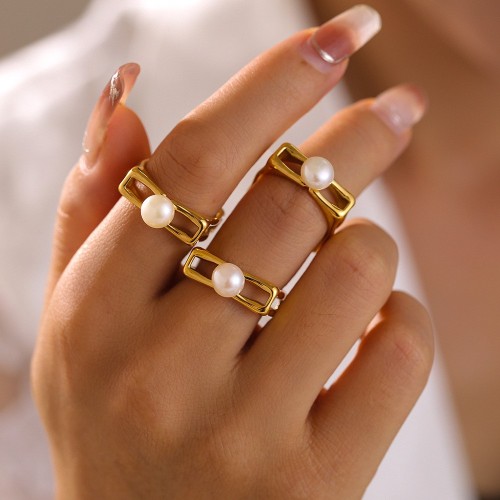 FXRT487 Gold square hollow pearl ring open index finger ring stainless steel plated 18k gold