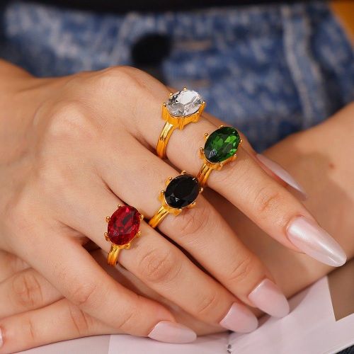 FXRT442 Oval glass stone ring luxury 18k real gold plated index finger ring hand jewelry