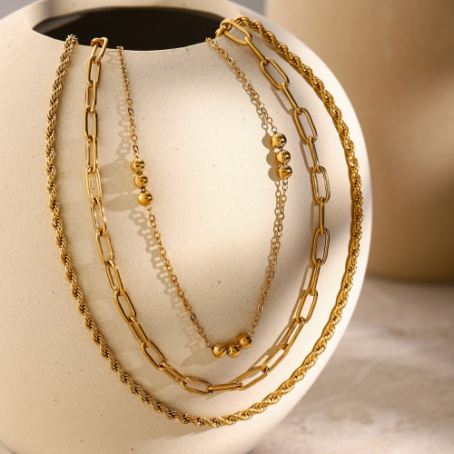ZTNT550 18k gold stainless steel beaded round twisted chain three-layer necklace beach