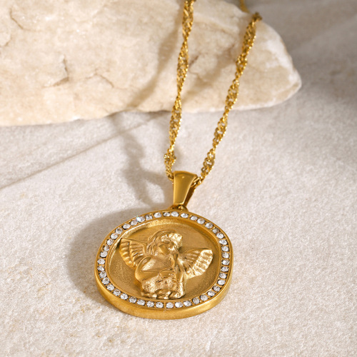 ZTNT549 18k gold stainless steel angel rhinestone pendant necklace disc pendant female