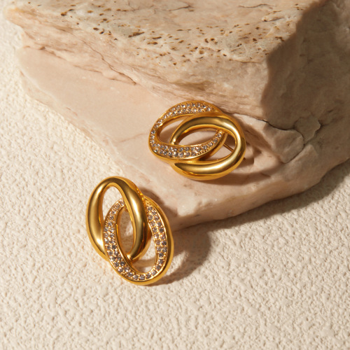 ZTET222 18k gold stainless steel with diamond double hoop earrings for women