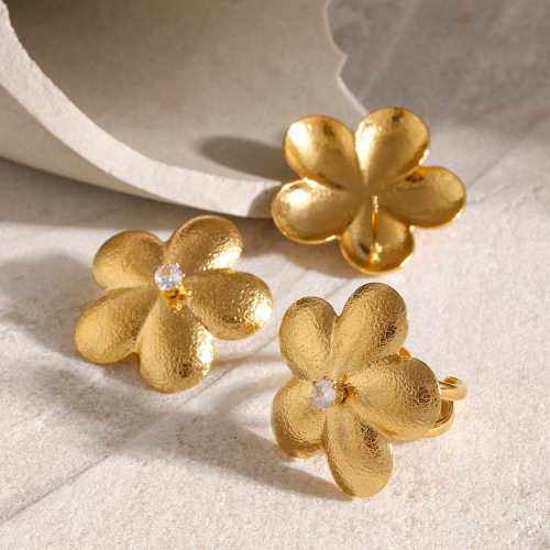 ZTET152 18k gold stainless steel earrings brushed effect flower rhinestone open ring earrings