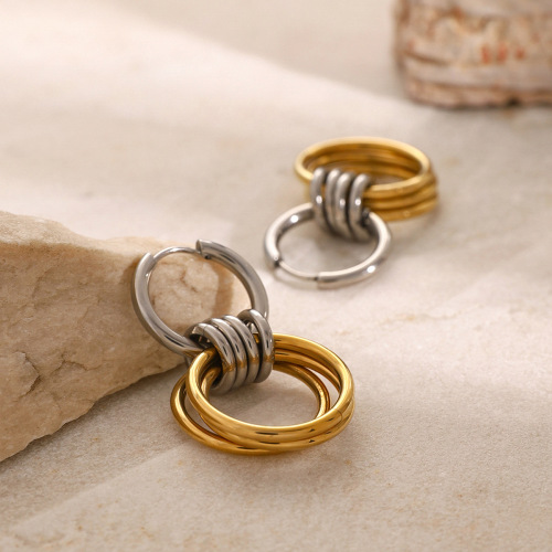 ZTET130 18k gold stainless steel earrings color matching glossy steel ring hanging three gold ring earrings
