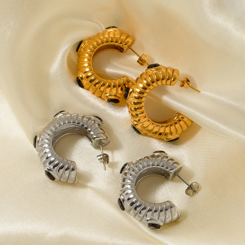 ZTET92 18K gold stainless steel zircon inlaid black zircon bread grain C-shaped earrings female earrings