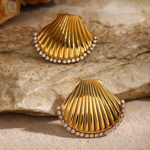 ZTET170 18k gold stainless steel rhinestone fan-shaped earrings shell inlaid rhinestone earrings