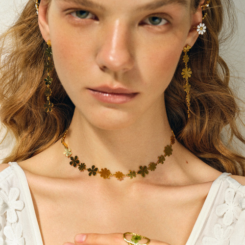 ZTET140 18k gold stainless steel asymmetrical earrings daisy tassel pendant earrings