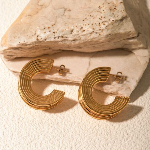 ZTET228 18k gold stainless steel striped C-shaped earrings with titanium lines