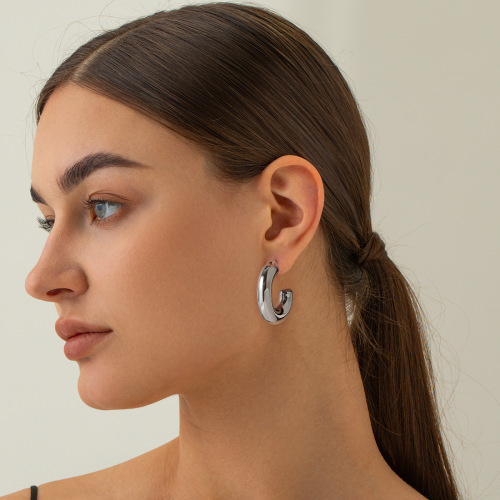ZTET207 Steel-colored stainless steel round tube U-shaped earrings silver earrings for women