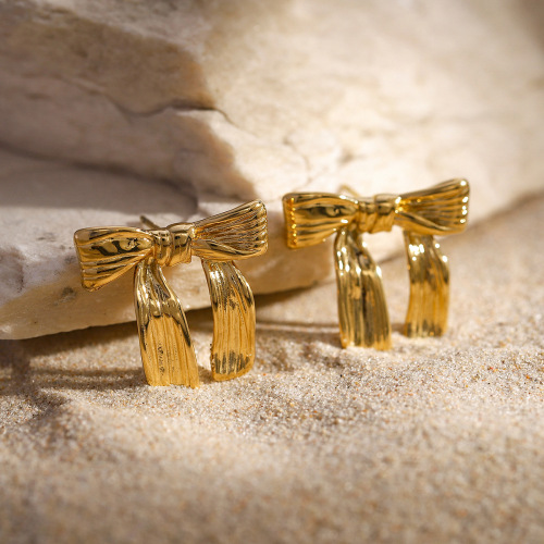 ZTET195 Bow knot 16k gold earrings women's gold hammer pattern