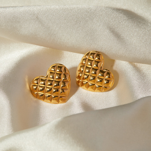 ZTET136 18k gold stainless steel diamond pattern heart-shaped earrings anti-fading grid heart-shaped earrings