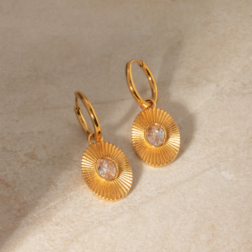 ZTET225 18k gold stainless steel inlaid diamonds white diamonds oval coin pendant earrings for women