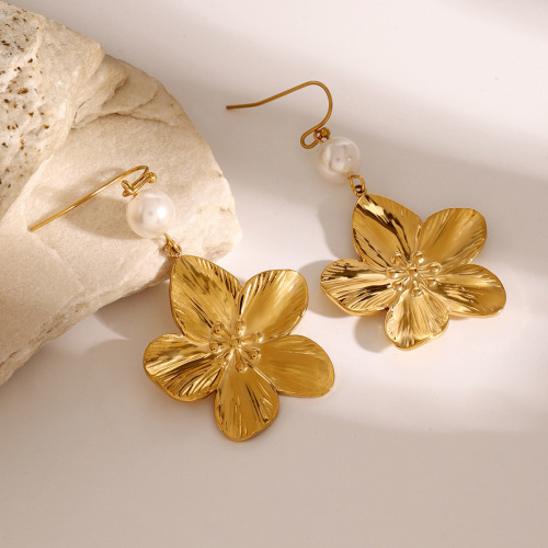 ZTET13 18k gold stainless steel flower earrings for women glass pearl flower ear hooks
