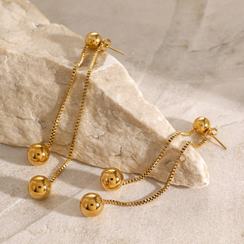ZTET85 18k gold stainless steel front and back tassel earrings box chain round steel bead earrings
