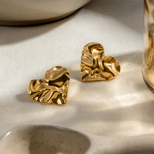 ZTET217 18k gold stainless steel heart-shaped earrings hammered texture love earrings