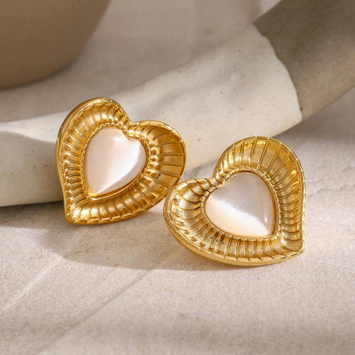 ZTET83 18k gold stainless steel love radial white cat's eye stone earrings