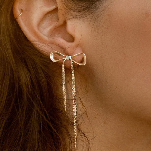 ZTET95 18k gold stainless steel bow earrings female hanging gold stainless steel tassel earrings