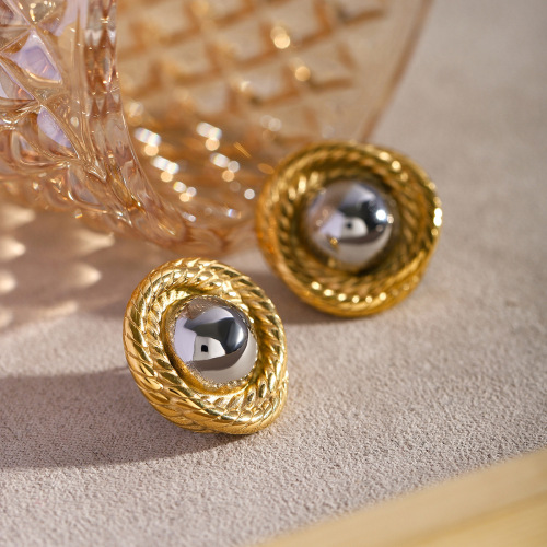 ZTET172 18k gold stainless steel threaded texture round earrings gold and silver two-color braided earrings