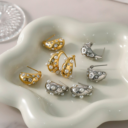 ZTET227 18k gold stainless steel chubby teardrop-shaped rhinestone earrings pearl earrings