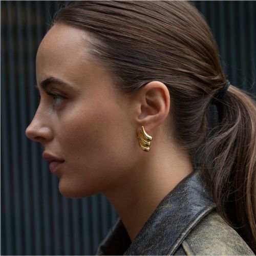 ZTET77 18k gold stainless steel three-layer smooth irregular earrings small