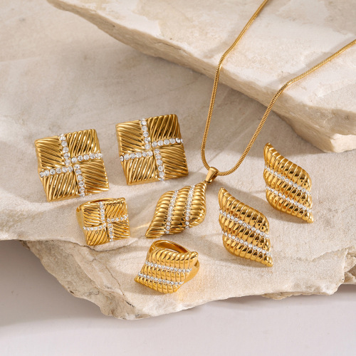 ZTET76 Original 18k gold stainless steel feather-shaped threaded rhinestone ring geometric earrings