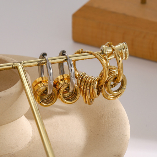 ZTET142 18k gold stainless steel earrings color matching glossy steel ring hanging five small gold ring earrings