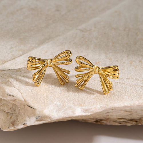 ZTET155 16k gold stainless steel gold hammer Patterned earrings bowknot earrings for women