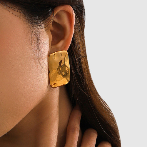 ZTET232 18k gold stainless steel rectangular hammered earrings simple