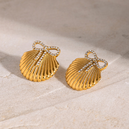 ZTET88 18k gold stainless steel rhinestone shell earrings cute bow scallop earrings with left and right sides