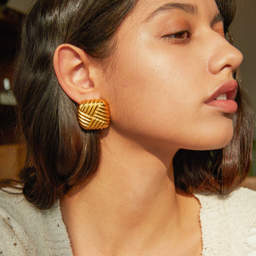 ZTET219 18k gold stainless steel knitted texture geometric line earrings