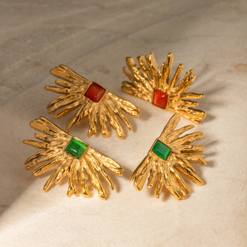 ZTET212 18k gold stainless steel earrings red cat's eye stone semi-circular sun-shaped earrings