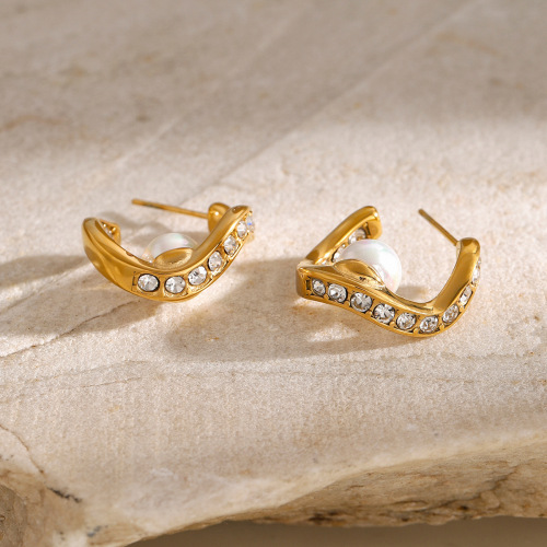 ZTET127 18k gold stainless steel diamond shell beads wave-shaped earrings earrings
