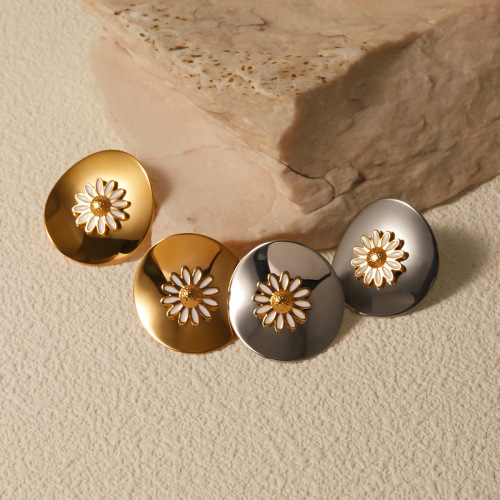 ZTET96 Steel color oil dripping stainless steel disc white oil dripping daisy earrings