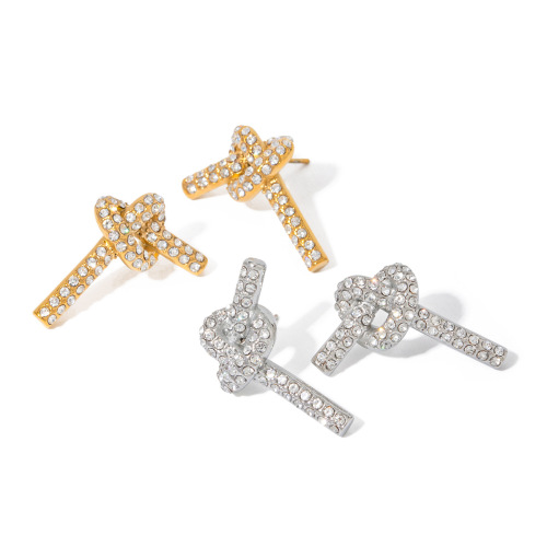 ZTET80 18k gold stainless steel full diamond knotted cute small Qing knot earrings