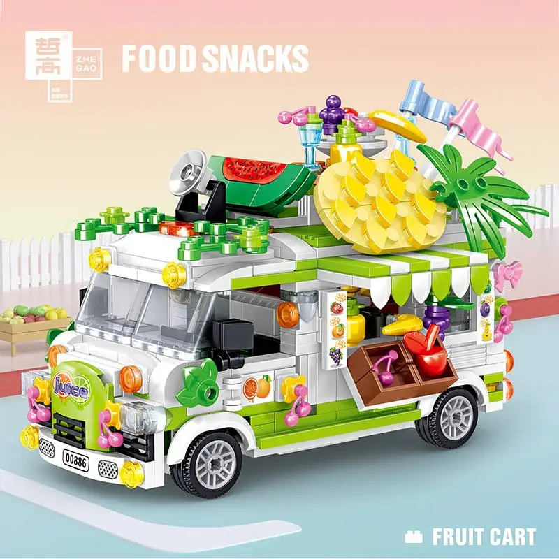MOC Street View Fruit Cart Ice Cream Burger Cake Toy Car Building Block Gifts Children Bricks Accessories Hot Ornaments