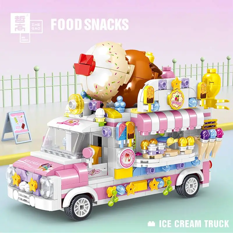 MOC Street View Fruit Cart Ice Cream Burger Cake Toy Car Building Block Gifts Children Bricks Accessories Hot Ornaments