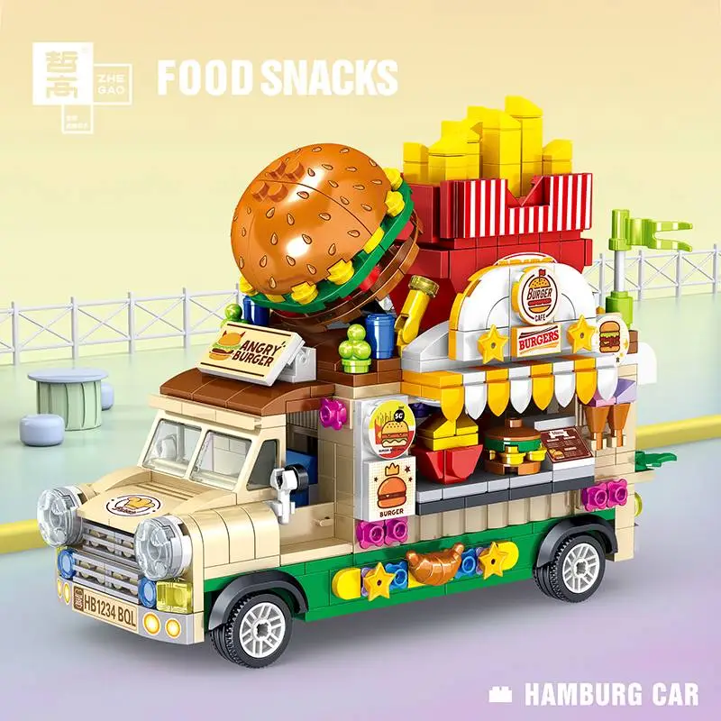 MOC Street View Fruit Cart Ice Cream Burger Cake Toy Car Building Block Gifts Children Bricks Accessories Hot Ornaments