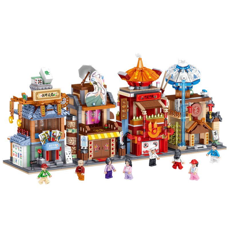 MOC 00860-00863 Antique Street View Mahjong Hall China Street Tea House Model Decoration Puzzle Assembed Building Block Toy