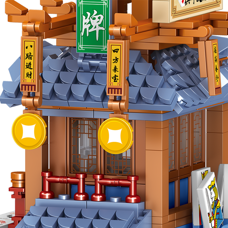 MOC 00860-00863 Antique Street View Mahjong Hall China Street Tea House Model Decoration Puzzle Assembed Building Block Toy