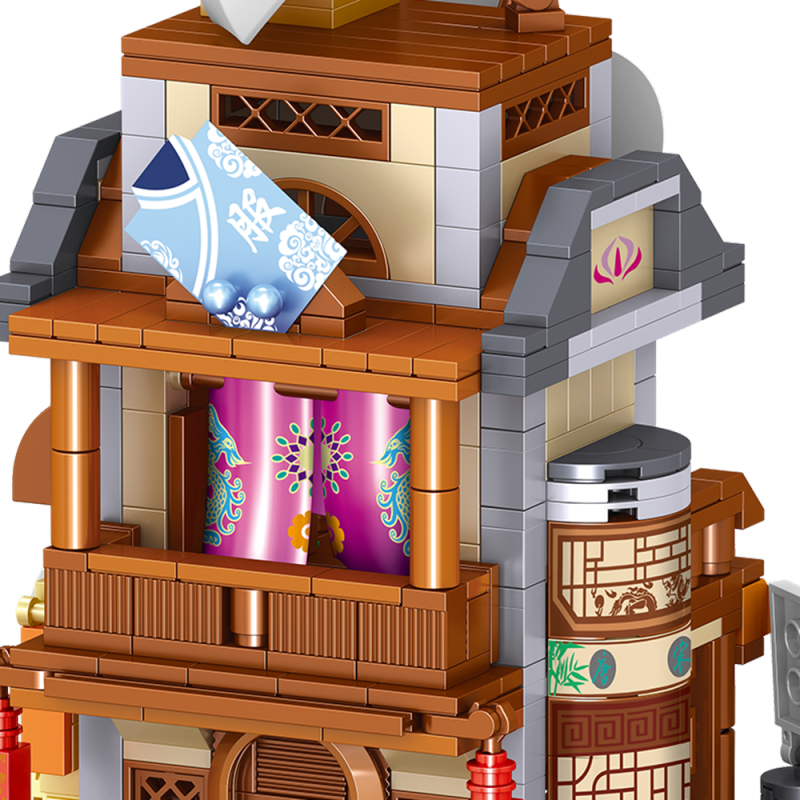 MOC 00860-00863 Antique Street View Mahjong Hall China Street Tea House Model Decoration Puzzle Assembed Building Block Toy