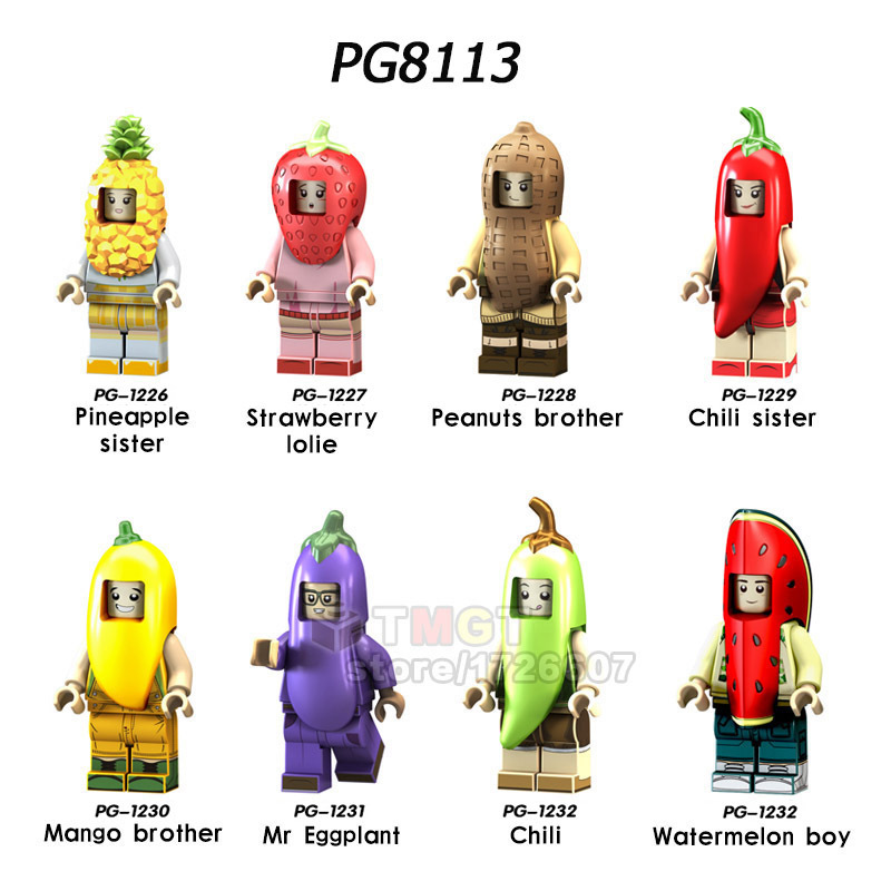 PG8113 Cartoon Fruit Series Pineapple Strawberry Peanut Chili Mango Mr. Eggplant Watermelon Action Figure Building Blocks Kids Toys