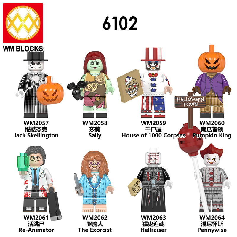 WM6102 Hot Halloween Jack Sally Pumpkin King Re-Animator Exorcist Hellraier Pennywise Action Figures Building Blocks Kids Toys