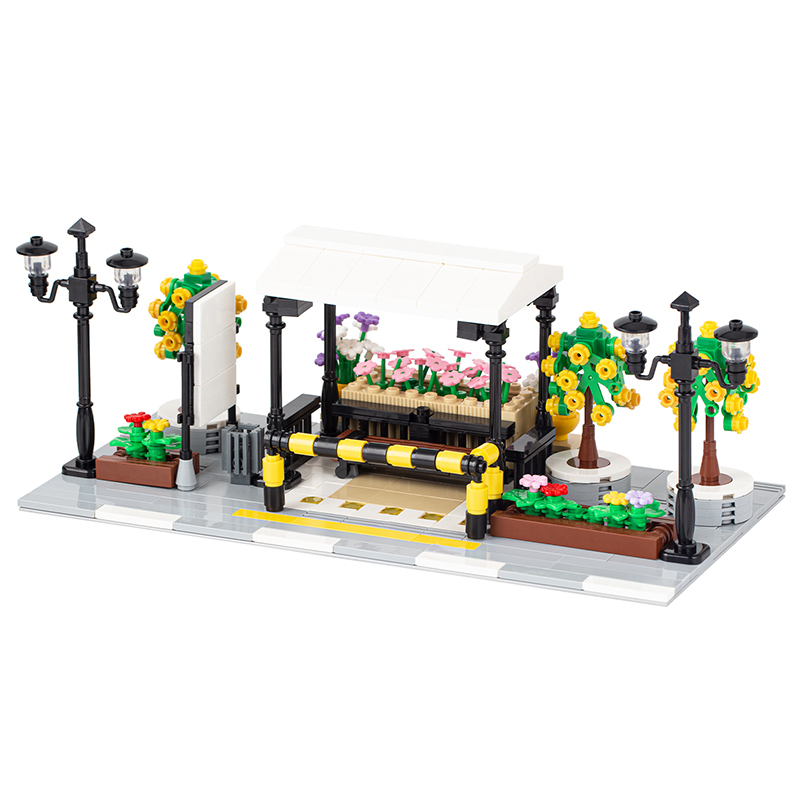 MOC4060 City Street View Series Bus Stop With Awning And Greenery Fence Street Lights Building Blocks Toys For Children