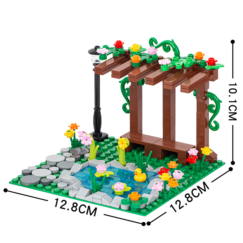 MOC3007 Farm Series Pavilion Corridor Country Pastoral Street Scene Pond Animal Duck Flower Shelf Building Blocks Bricks Kids Toys for Children Gift