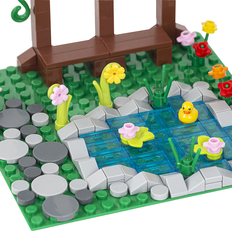 MOC3007 Farm Series Pavilion Corridor Country Pastoral Street Scene Pond Animal Duck Flower Shelf Building Blocks Bricks Kids Toys for Children Gift