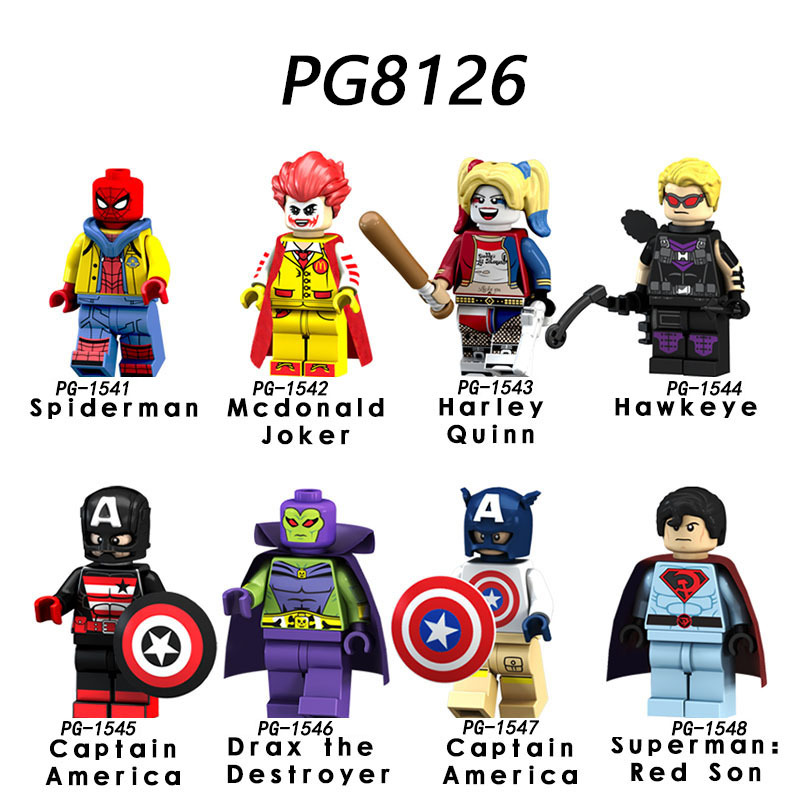 PG8126 Movie Super Hero Spider Man Joker Harley Quinn Hawkeye Captain America Drax the Destroyer Action Figure Building Blocks Kids Toys