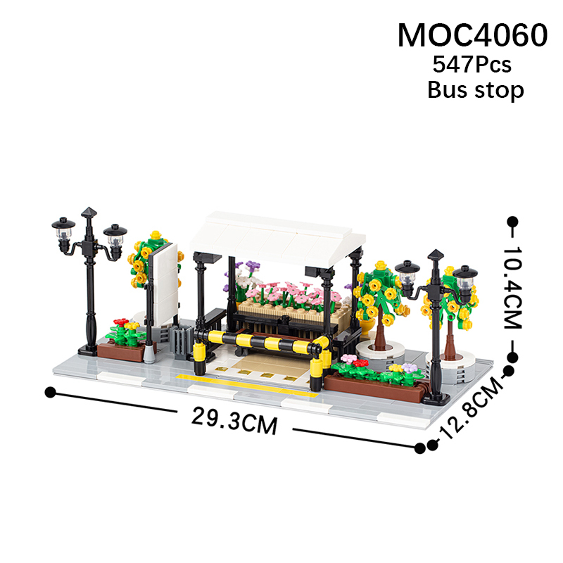 MOC4060 City Street View Series Bus Stop With Awning And Greenery Fence Street Lights Building Blocks Toys For Children